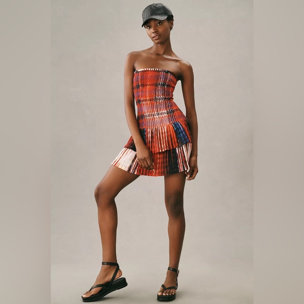 Anthropologie Plenty by Tracy Reese Smocked Plaid Strapless Mini Dress XL NWT